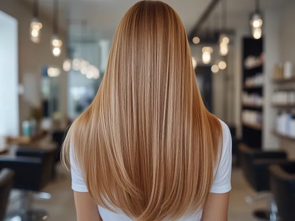 Longs cheveux blonds et châtains clairs, en couches lisses, vue arrière à Blois dans le Loir-et-Cher 41