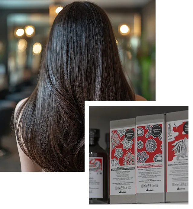 Longs cheveux bruns brillants et produits capillaires Davines à Blois dans le Loir-et-Cher 41